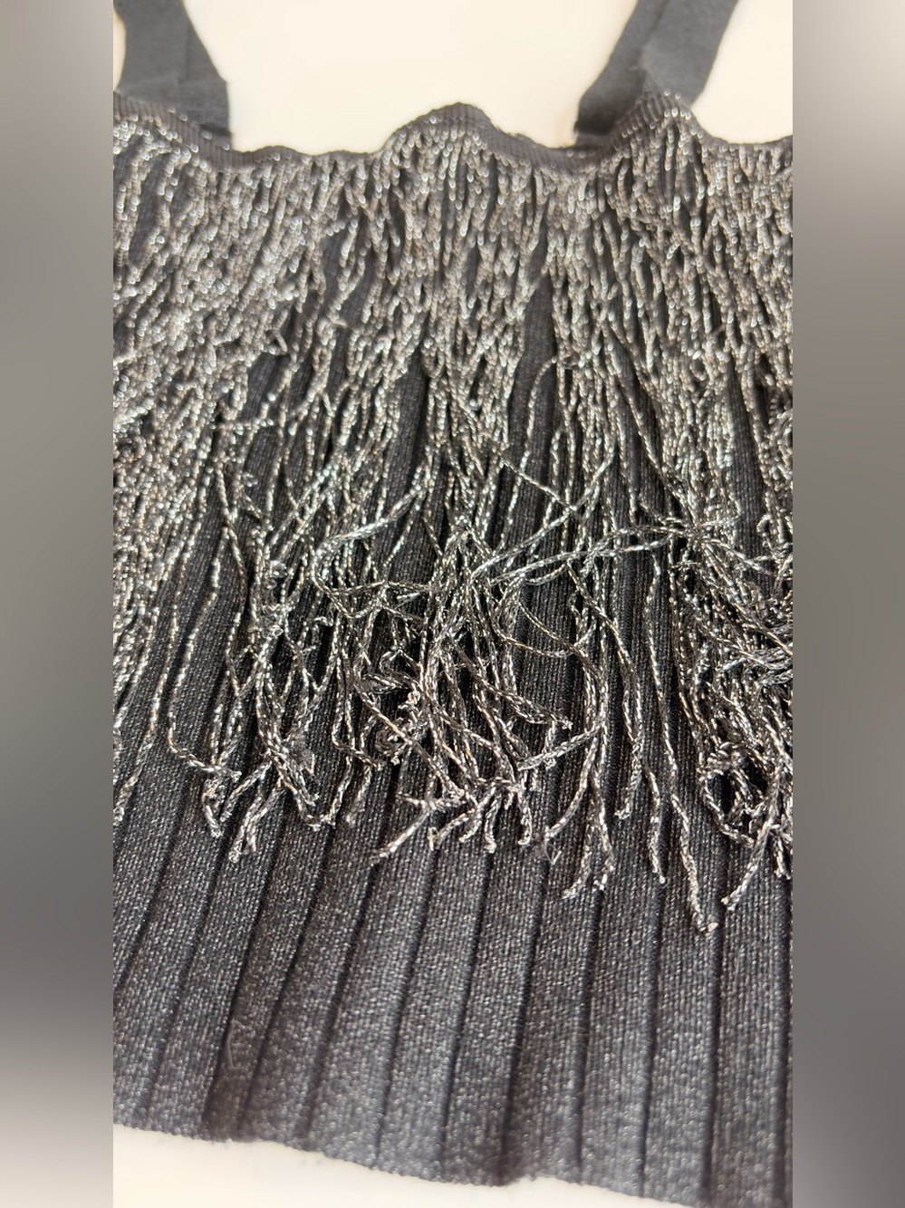 Fab’rik Black Silver Metallic Fringed Crop Ribbed Square Neck Tank Top Sz Medium - Picture 10 of 17